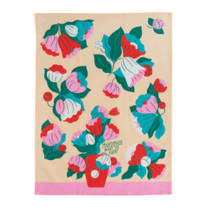 Certainly! Here’s a rewritten version using the provided product data: The Menopause - Tea Towel features a rectangular design with colourful flowers and leaves on a peach background, reminiscent of the playful BlueQ oven glove patterns; at its centre, a red vase holds flowers, accompanied by a speech bubble near the bottom that reads, “Menopause? What the fuck?”. Gate21.ee