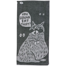 The “You gonna eat that? - Tea Towel” is a grey towel featuring a cartoon raccoon with a speech bubble that says “YOU GONNA EAT THAT?” Surrounded by several small eyes, the raccoon gazes off to the side, capturing a playful spirit reminiscent of BlueQ oven gloves. Gate21.ee