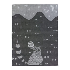 A raccoon with a striped tail faces away, holding a speech bubble that says “You gonna eat that?”—all set amid scattered cartoon eyes, mountains, stars, and a crescent moon in the background. Just the quirky charm you’d expect from the “You gonna eat that?” Tea Towel by BlueQ. Gate21.ee