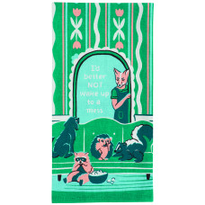 Introducing the “Wake up to a mess - Tea Towel”: This green tea towel features charming illustrated animals—raccoons and skunks—gathered near a cosy kitchen scene. A cheerful cat in an apron stands beside a sign that reads, “It’s better NOT to wake up to a mess,” while colourful flowers add a whimsical touch to the background. The perfect playful companion for your BlueQ oven gloves!. Gate21.ee