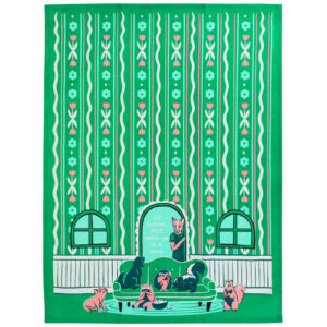Introducing the “Wake Up to a Mess - Tea Towel”: This charming green tea towel features vertical stripes and floral accents, with a whimsical illustration of a woman holding a sign that reads “I’d better not wake up to a mess,” all while six cats and one dog lounge around her on the sofa. A fun choice for animal lovers or fans of quirky kitchen accessories like BlueQ oven gloves!. Gate21.ee