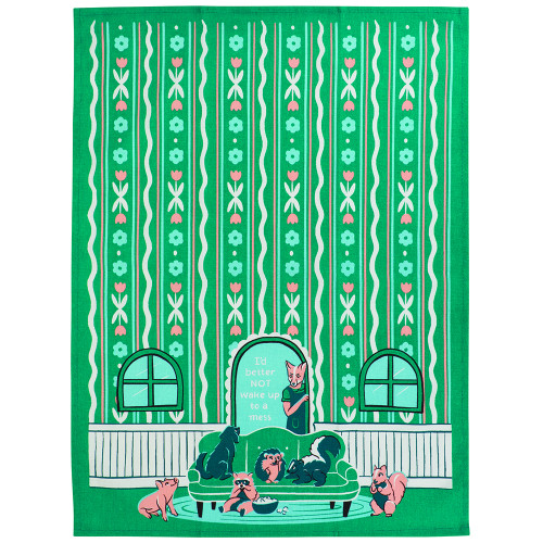 Introducing the “Wake Up to a Mess - Tea Towel”: This charming green tea towel features vertical stripes and floral accents, with a whimsical illustration of a woman holding a sign that reads “I’d better not wake up to a mess,” all while six cats and one dog lounge around her on the sofa. A fun choice for animal lovers or fans of quirky kitchen accessories like BlueQ oven gloves!. Gate21.ee