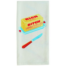 The Rich Bitch - Tea Towel features a white design with an illustration of a butter pat labelled “RICH BITCH” on a blue dish next to a knife with a red handle—perfect for pairing with your favourite BlueQ oven gloves. Gate21.ee
