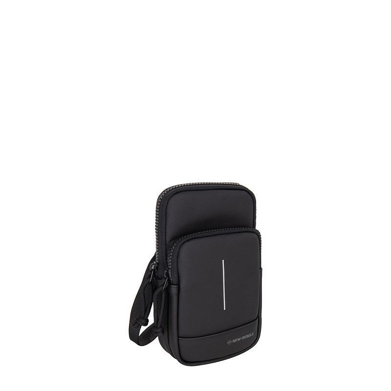 The Astoria - Phone Pocket - Black is a small black crossbody bag with two zipped compartments, a slim vertical reflective front strip, an adjustable strap, and the brand logo at the bottom right—perfect for Tallinn shopping or curated style. Gate21.ee