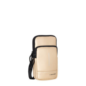 A compact, metallic gold crossbody bag with a black zip and strap. The Astoria Phone Pocket features two compartments, Estonian design, and NEW REBELS on the front—a stylish choice for any concept store. Gate21.ee