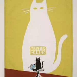 Add playful chaos to your kitchen with the "Agent of Chaos - Tea Towel": a large white cat labelled Agent of Chaos and a small black cat near a spilt glass, set against a yellow-brown background&mdash;perfect for Tallinn shopping or concept shops. Gate21.ee