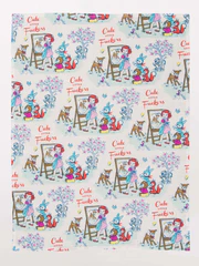 The Cute little fuckers - Tea Towel features a charming pattern of a girl painting with her fox, cat, and dog, plus the text "Club Foxber." Inspired by Estonian design—ideal for adding playful style to concept shop displays. Gate21.ee