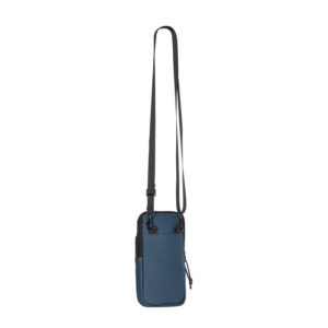 Introducing the Astoria - Phone Pocket - Navy: a compact rectangular blue crossbody bag with a long adjustable black strap, front zip pocket, and black mesh sides—ideal for curated gift shops. Shown on a white background. Gate21.ee