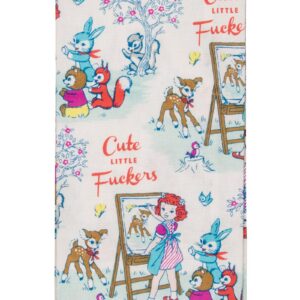 The Cute little fuckers - Tea Towel features illustrated animals and a girl painting, with "Cute Little Fuckers" printed in a colourful, vintage style—perfect for adding quirky charm alongside your favourite BlueQ oven mitts. Gate21.ee