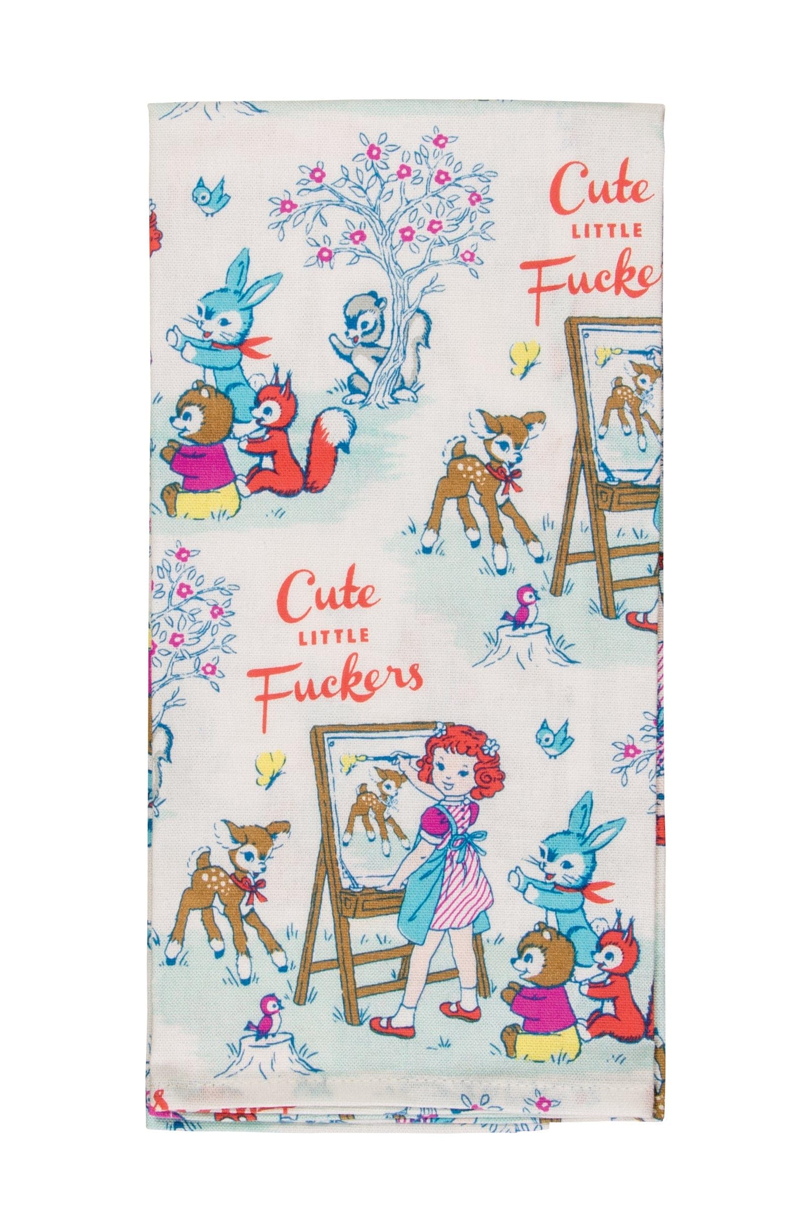 The Cute little fuckers - Tea Towel features illustrated animals and a girl painting, with "Cute Little Fuckers" printed in a colourful, vintage style—perfect for adding quirky charm alongside your favourite BlueQ oven mitts. Gate21.ee