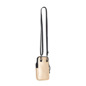 The Astoria - Phone Pocket in metallic gold features a long adjustable black strap, front pocket, and black mesh sides—ideal for Tallinn shopping or as a chic gift shop find. Shown against a white background. Gate21.ee