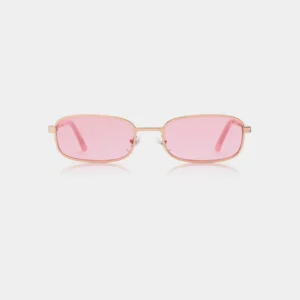 A pair of NOAH - Rosegold Galactic Pink sunglasses by A. Kjærbede, featuring thin gold metal frames and pink-tinted lenses, displayed against a plain white background. Gate21.ee