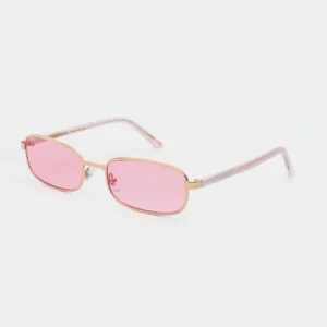 NOAH - Rosegold Galactic Pink sunglasses feature rectangular gold metal rims, pink-tinted lenses, and translucent beige-toned arms. The sunglasses are displayed on a white background. Gate21.ee