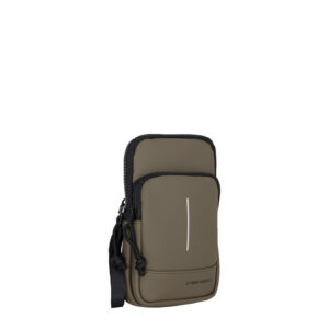 The Astoria - Phone Pocket - Olive is a compact olive green crossbody bag with two zippered compartments, a front vertical reflective stripe, and an adjustable black strap—displayed against a white background. Gate21.ee