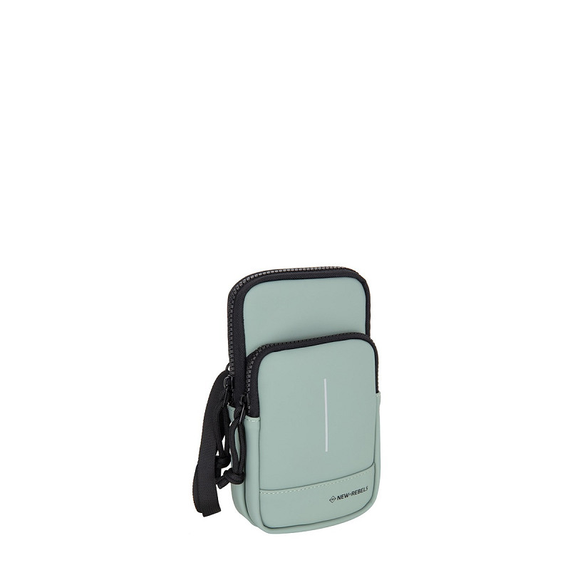 The Astoria - Phone Pocket in Salie green is a small, light green rectangular crossbody bag with two zipped compartments, a black adjustable strap, vertical white line on the front, and NEW REBELS branding inspired by Estonian design. Gate21.ee