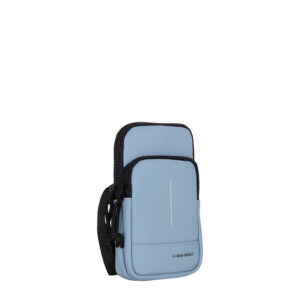 The Astoria - Phone Pocket in soft blue is a small, rectangular crossbody bag with black zips, white line detail, and a front pocket. Featuring the New Rebels logo, it's ideal for shopping in Tallinn or as a great gift shop find. Gate21.ee