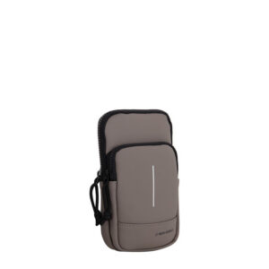 Astoria – Phone Pocket – Taupe: A compact, taupe rectangular pouch with two zip compartments and black zips. Features Estonian design, a vertical reflective stripe, and NEW REBELS logo—ideal for Tallinn shopping or carrying ideas on the go. Gate21.ee