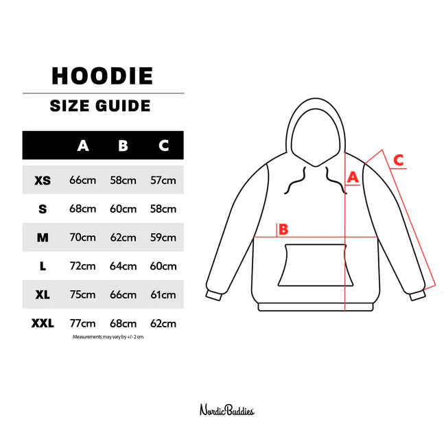 Moomin Hoodie - Black size guide (XS–XXL): chart shows measurements in cm. Diagram: A = body length, B = chest width, C = sleeve length. Size values for each Moomin Hoodie - Black listed below each size. Gate21.ee