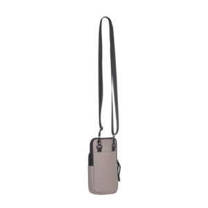 The Astoria - Phone Pocket - Taupe is a compact, rectangular cross-body featuring a light taupe body, long adjustable black strap, front pocket, and top zip—ideal for shopping in Tallinn or as a chic concept shop accessory. Gate21.ee