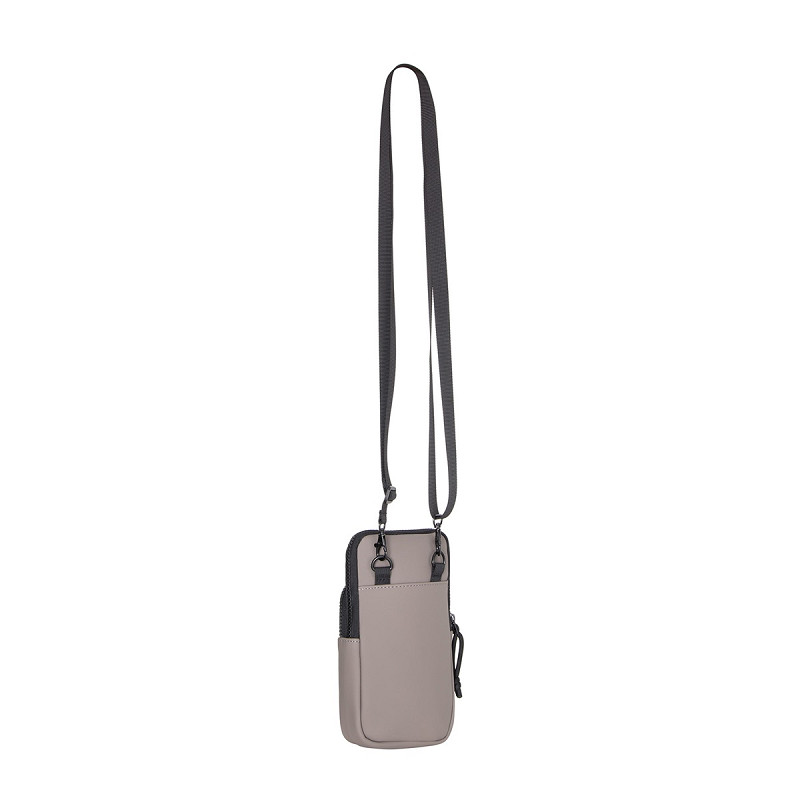 The Astoria - Phone Pocket - Taupe is a compact, rectangular cross-body featuring a light taupe body, long adjustable black strap, front pocket, and top zip—ideal for shopping in Tallinn or as a chic concept shop accessory. Gate21.ee