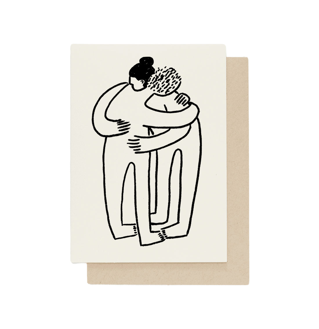 The Huggers - Card features a black and white illustration of two faceless figures embracing. Showcasing Estonian design, it comes with a plain beige envelope placed behind the card. Gate21.ee