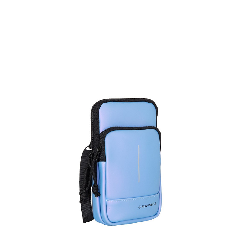 A compact metallic light purple crossbody bag with black trim, zips, two compartments, a vertical reflective stripe, and an adjustable strap. "New Rebels" is printed on the lower front pocket. Find unique styles at the concept shop. Gate21.ee