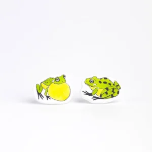 Konnad Kõrvarõngad feature two illustrated frogs on a white background: one with a yellow vocal sac and another with a spotted back resting with tucked limbs—perfect for a unique Tallinn gift shop or concept store display. Gate21.ee