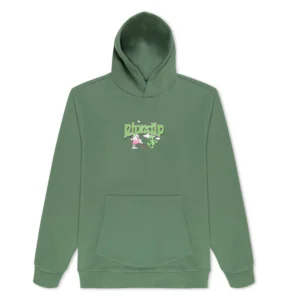 The Playground hoodie - Light Olive features a chest graphic with "Rhinorp" and playful cartoon illustrations, inspired by Estonian design. This green hooded jumper with a front pocket is an ideal Tallinn shopping find. Gate21.ee