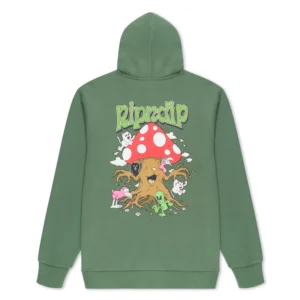The Playground hoodie - Light Olive features a bold back graphic with a red and white mushroom, cartoon cats, flowers, an alien, and “RIPNDIP” in green—an eye-catching pick for unique finds at your local Tallinn shop. Gate21.ee