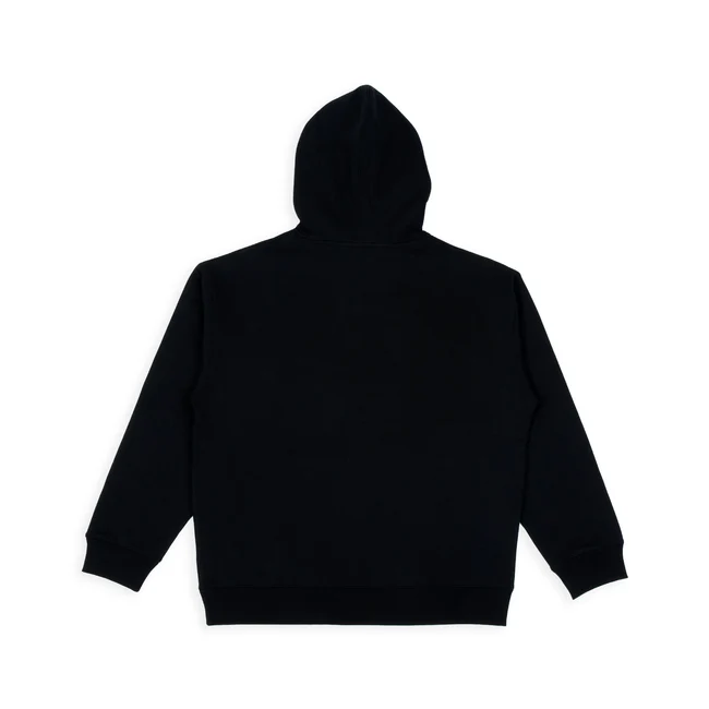 The Moomin Hoodie - Black is shown laid flat with the back facing up, hood up, and sleeves outstretched. The hoodie has a plain design with no visible logos, patterns, or designs. Gate21.ee