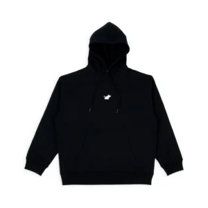 The Moomin Hoodie - Black features a front pocket and a small white embroidered animal logo centred on the chest, shown against a plain white background. Gate21.ee