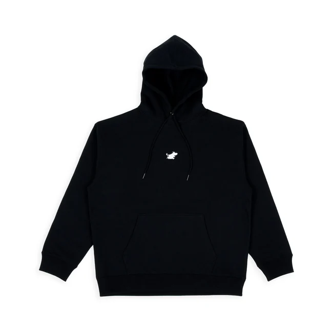 The Moomin Hoodie - Black features a front pocket and a small white embroidered animal logo centred on the chest, shown against a plain white background. Gate21.ee