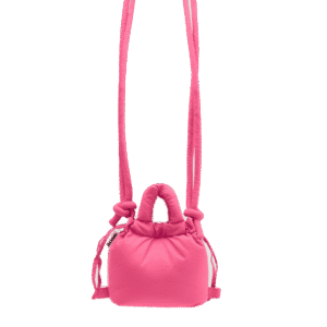 The Micro Ona Soft Bag - Pink is a small, bright pink padded handbag with top handles, a thick shoulder strap, and drawstring fastening—ideal for gifting or your collection—shown against a plain white background. Gate21.ee