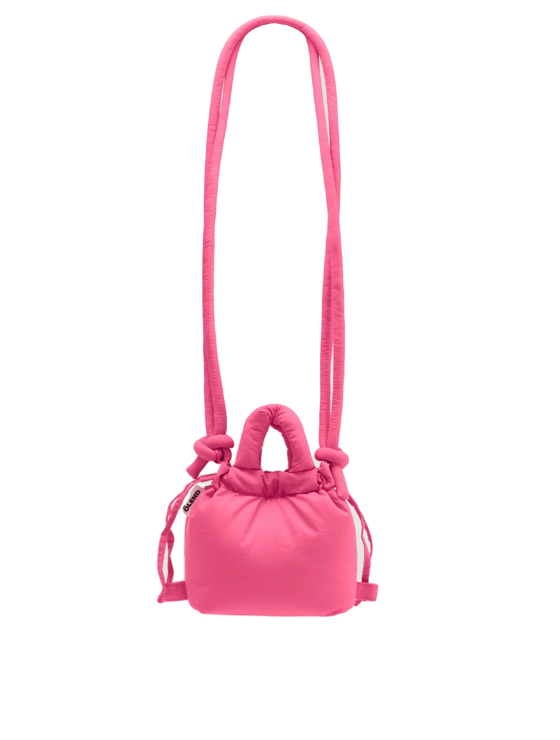 The Micro Ona Soft Bag - Pink is a small, bright pink padded handbag with top handles, a thick shoulder strap, and drawstring fastening—ideal for gifting or your collection—shown against a plain white background. Gate21.ee