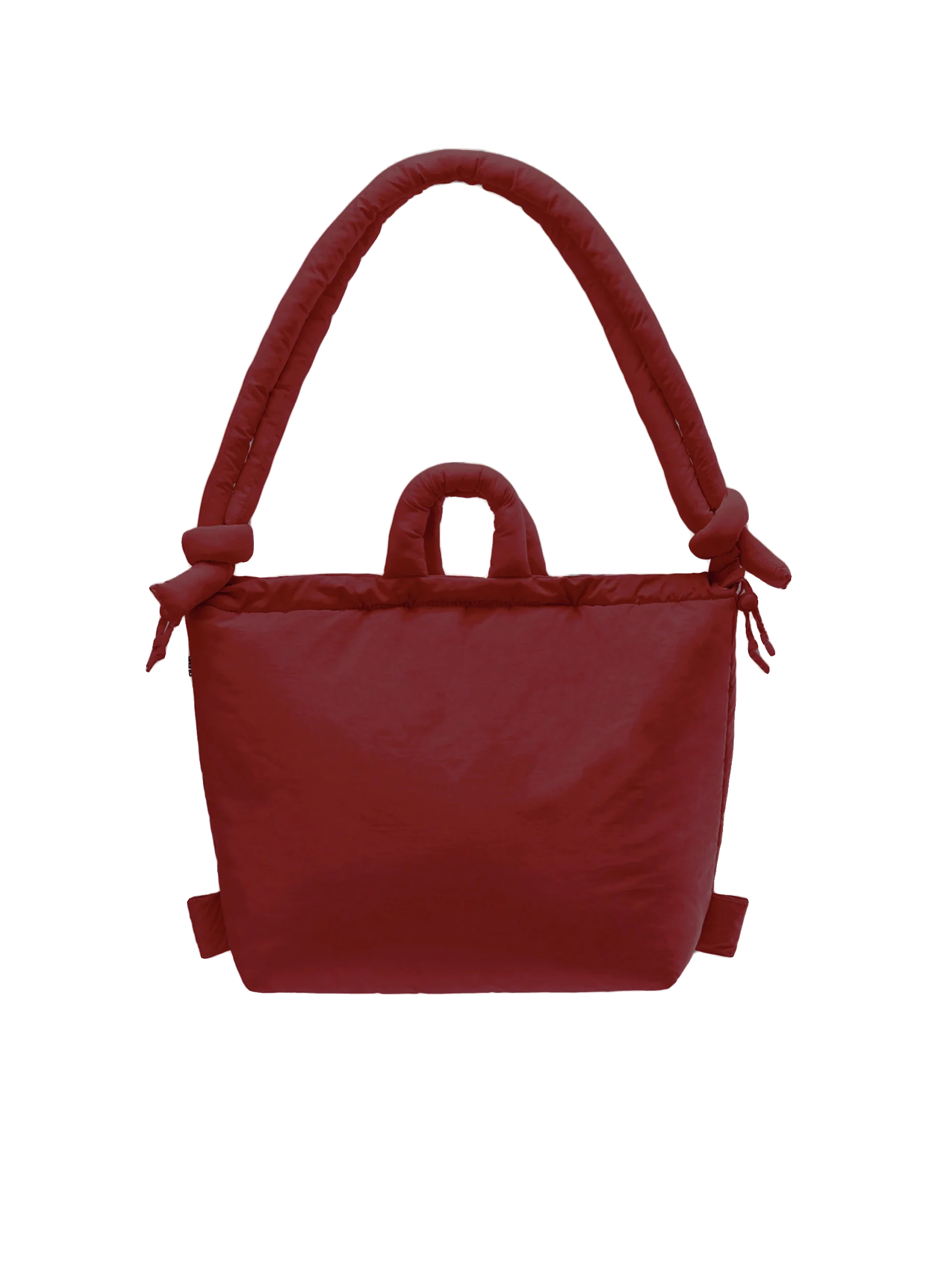 The Ona Soft Bag - Cherry Red is a padded tote with two handles—one large with knotted ends and one smaller—shown on a plain white background, offering a stylish touch for unique ideas and gift shop collections. Gate21.ee