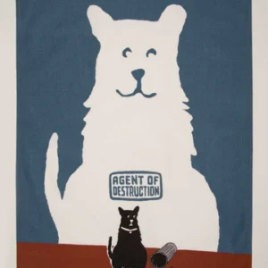 Agent of destruction - Tea Towel: Features a large white dog with an “Agent of Destruction” badge and a small black cat beside a toppled rubbish bin—ideal for curated gift shops or your next Tallinn shopping adventure. Gate21.ee
