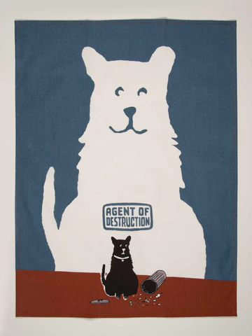 Agent of destruction - Tea Towel: Features a large white dog with an “Agent of Destruction” badge and a small black cat beside a toppled rubbish bin—ideal for curated gift shops or your next Tallinn shopping adventure. Gate21.ee