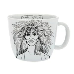 The Long-legged Legend - Big cup is a white ceramic mug with a black line drawing of a confident figure, embodying Estonian design. Inside the rim, partial text starts "whats coffee got"—a unique piece for any concept shop. Gate21.ee