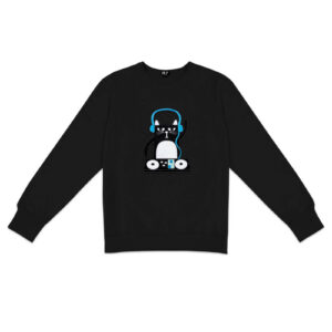 The DJ - Sweatshirt Black features a penguin with blue headphones behind a DJ turntable, centred on the chest—a playful Estonian design ideal for Tallinn shopping or as a unique gift shop find. Gate21.ee
