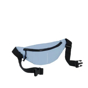 The Waistbag - Soft Blue features a black adjustable strap, black buckle, and front zip—an eye-catching accessory ideal for concept shops or gift shops seeking unique products. Gate21.ee