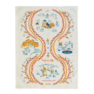 The High on Life - Tea Towel features retro-style illustrations of people relaxing, canoeing, and dancing amid orange and red vines. An Estonian design, it displays the phrases "High on Life" and "...and possibly weed" at the centre. Gate21.ee