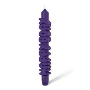 The Happy Bday 3D Candle - Indigo features vertical block letters spelling HAPPY BDAY, with a wick at the top and a pointed tip below. This curated piece draws inspiration from Estonian design. Gate21.ee