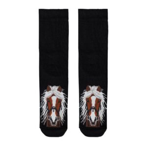 Hobuse aasta - SUVA: Black socks with a detailed brown horse head and white mane illustrated on the front of each sock. Gate21.ee