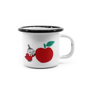 The Joyful Apples - Moomin enamel mug 1.5dl is a white mug with a black rim, featuring a character in a red outfit standing beside a large red apple with a green leaf. Gate21.ee