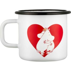 The Heart - Moomin enamel mug 3.7dl is a white mug with a black rim, showing two Moomin characters hugging in front of a red heart—an ideal souvenir for any gift shop or concept store during your next Tallinn visit. Gate21.ee