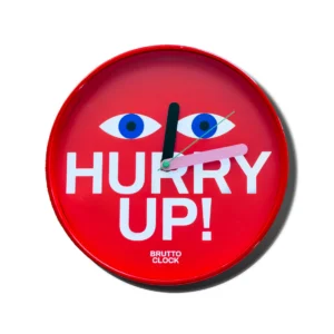The HURRY UP! Wall clock features bold white text and two blue eyes on a red face with black, green, and pink hands. Perfect for Tallinn shopping, find this quirky clock at your favourite concept store or gift shop. Gate21.ee