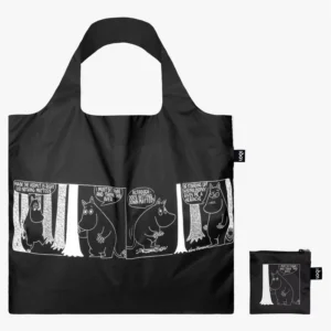The MOOMIN Comic Adventures - LOQI is a black reusable tote with white cartoon animal characters and comic strip dialogue, curated for Tallinn shopping. Its matching pouch features the same unique comic panel design. Gate21.ee