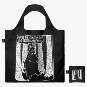 The MOOMIN Comic Adventures - LOQI is a black reusable tote bag from a Tallinn concept store, featuring a white cartoon of a character walking in a forest with the text MAYBE THE HERMIT IS RIGHT AND NOTHING MATTERS; includes a matching pouch. Gate21.ee