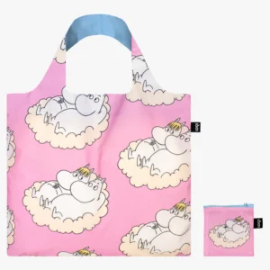 The MOOMIN Cloud Adventures - LOQI is a reusable shopping bag with matching pouch, featuring a pink background and white Moomin on a cloud—ideal for unique Tallinn shopping and concept store discoveries. Gate21.ee