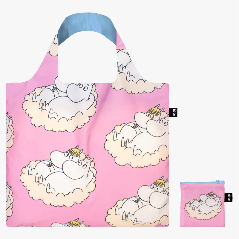 The MOOMIN Cloud Adventures - LOQI is a reusable shopping bag with matching pouch, featuring a pink background and white Moomin on a cloud—ideal for unique Tallinn shopping and concept store discoveries. Gate21.ee